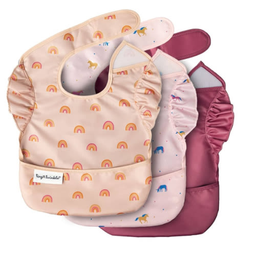 Tiny Twinkle Mess Proof Baby Bibs for Eating - Waterproof, Wipeable Bibs - Toddler Bibs - Travel Friendly - PFAS, PVC, BPA, Phthalate Free - Baby Food Bibs(3 Pack,Unicorn)