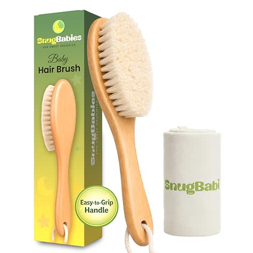 Wooden Baby Hair Brush with Natural Goat-Hair Bristles - Ultra Soft Baby Brush for Newborns & Infants with a Cotton Travel Pouch - Helps with Cradle Cap Care - 21cm Easy Grip Beech Wood Handle
