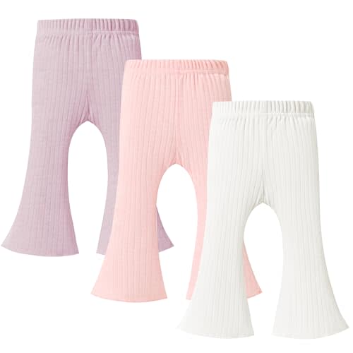 TATAKERI 3 Pack Baby Girls Pants Solid Ruffled Ribbed Toddler Flared Pants Newborn Bell Bottoms Infant Leggings