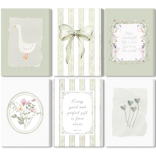 UDGFPLED Set of 6 Christian Nursery Wall Art Sage Green Flower Bow Bible Verse Wall Decor Cute Goose Print Vintage Baby Girl Kids Canvas Posters for Children's Room Bedroom Home Decoration 8x10 in