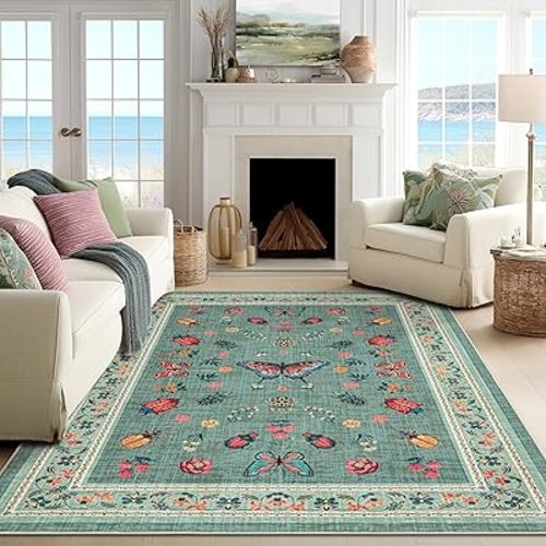 Insect Butterfly Colorful Area Rug for Girls Bedroom Vintage Cottage Light Green Rugs 6x9 Soft Low Pile Carpet for Kids Playroom Non Slip Stain Resistant Washable Living Room Rug 6 x 9