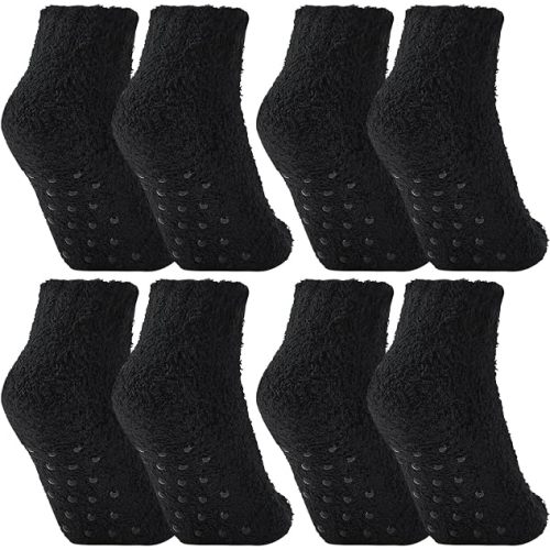 Foaincore 4 Pack Non Slip Hospital Socks for Women Men Non Slip Ankle Fuzzy Socks Thick Warm Festival Gifts