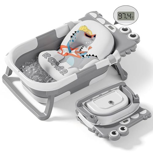 Collapsible Baby Bathtub for Newborn, Foldable Baby Bath Tub with Thermometer & Soft Floating Cushion & Drain Hole, Portable Travel Infant Bath Tubs for Newborns to Toddlers 0-36 Months Boys, Grey