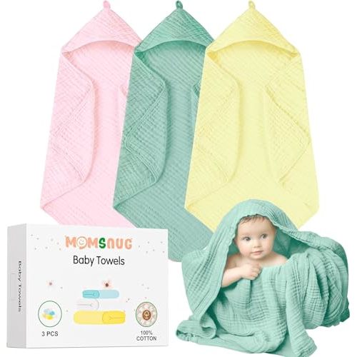 Muslin Hooded Baby Bath Towel Set 3 Pack, Muslin Cotton Baby Towels with Hood for Newborn, Baby Beach Towels for Boy, Girl, Babies, Infant, Toddler and Kids (35 X 35 Inch)(Light Green + Pink + Yellow)