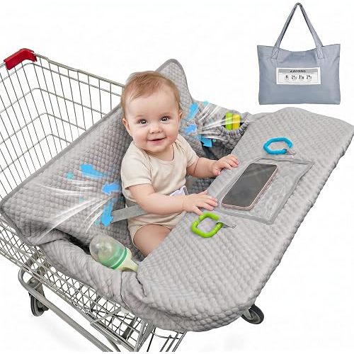 BeBeJoJo Shopping Cart Cover for Baby, Air Cool & Breathable Fabric All Seasons Grocery Cart Cover, Universal Fit for Most Shopping Carts & Restaurant High Chair with Multi Storage, Gray