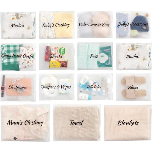 MANWU 14pcs Hospital Bags essentials for Labor and Diaper,Mom hospital bags Maternity Essentials,Maternity Organiser baggie,shower gift