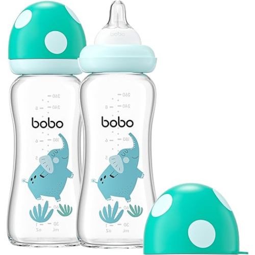 YOHKOH Natural Glass Baby Bottle with Level 2 Medium Flow Nipple, Newborn Anti-Colic Baby Bottles, Wide Neck Mushroom Baby Glass Bottle (8.8ounce (Pack of 2), Blue2)