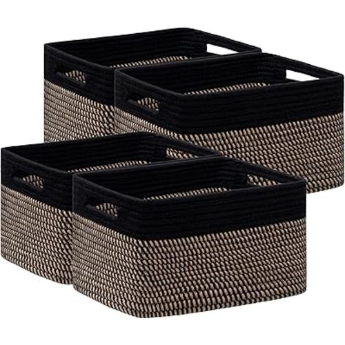 UBBCARE 4 Pack Storage Baskets for Shelves, Baskets for Organizing, Cube Shelf Storage Bin with Handles, Woven Storage Basket, 13"L x 9"W x 7.5"H, Black&Brown