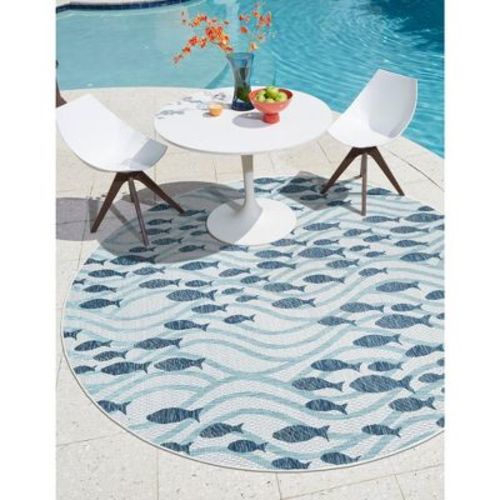 Unique Loom Indoor / Outdoor Coastal Collection Area Rug - Shoal (7' 10" Round Blue/Navy Blue)