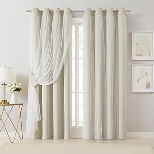 Beige 90% Blackout Curtains with Sheer Overlay Mix and Match Double Layer Thermal Insulated Window Panels 95 inch for Living Room Bedroom Beige Drapes with Tiebacks Grommet Top 54" Wx95 Lx2