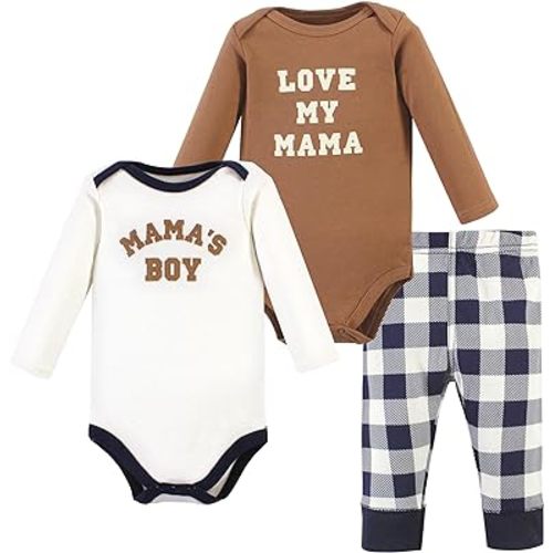 Hudson Baby Unisex Baby Long-Sleeve Bodysuits and Pants, Brown Navy Mamas Boy Long-Sleeve, Newborn