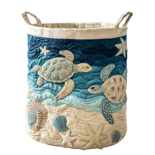 Sea Turtle Quilted Laundry Hamper Ocean Wave Starfish Boho Quilted Baskets | Storage Basket with Handle,3D Patchwork Style Quilted Laundry Hamper Large Collapsible Organizer for Nursery Bedroom Bathroom
