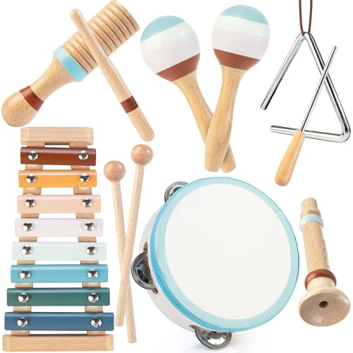 Baby Musical Instruments | Montessori Wooden Toys for Toddlers, Neutral Color Percussion Instruments Set with Xylophone Tambourine, Educational Musical Toys for Boys Girls 3+