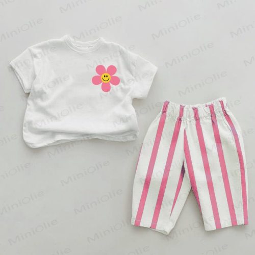 Baby Smiling Flower Pink Vertical Striped 2-piece Set