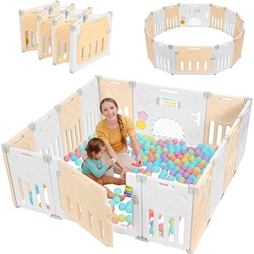Baby Playpen, Dripex Baby Playard for Babies and Toddlers, 14-Panel Foldable Playpen Adjustable Portable Play Area, Indoor/Outdoor Kids Active Center with Game Panel & Safety Gate, Yellow White