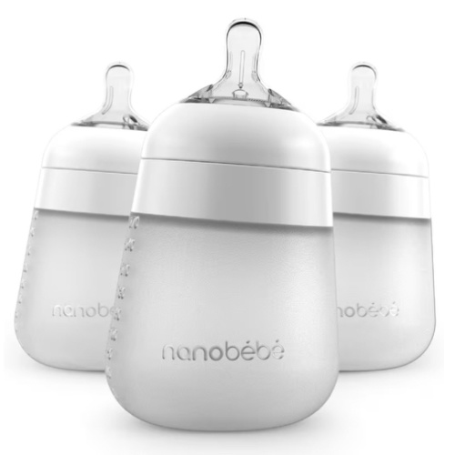 Nanobebe Flexy Silicone Baby Bottle, Anti-Colic, Natural Feel, Non-Collapsing Nipple, Non-Tip Stable Base, Easy to Clean, 3-Pack, White, 9oz