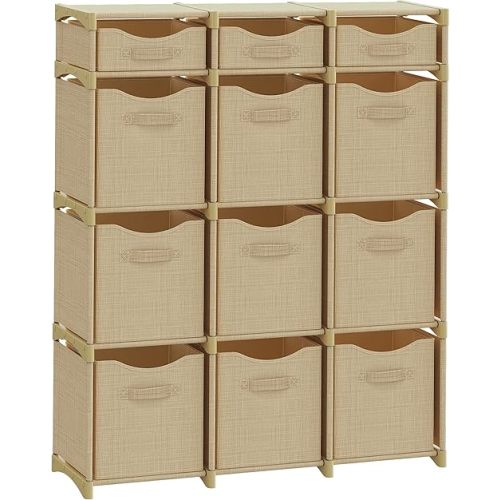 12 Cube Closet Organizer And Storage Unit With Drawers | Includes All Storage Bins | Easy To Assemble Room Organizer For Clothes, Baby, Bedroom, Playroom, Dorm (Beige)