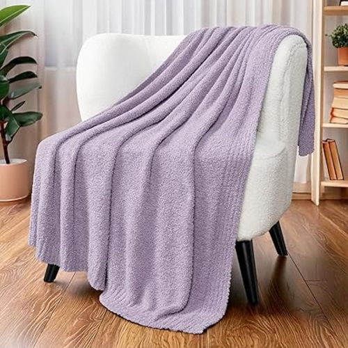 PAVILIA Super Soft Throw Blanket for Couch, Fluffy Cozy Lightweight Purple Blanket, Fuzzy Warm Knit Blanket for Bed Sofa, Lavender Lilac, 50x60