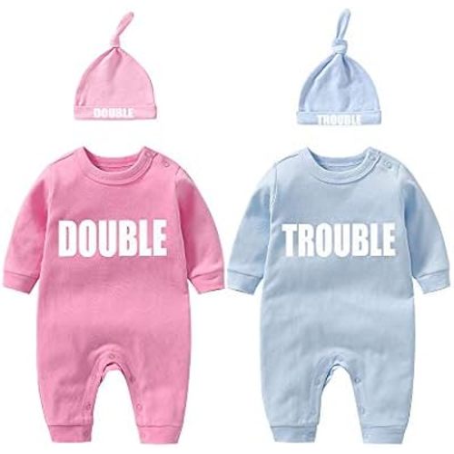 YSCULBUTOL Baby Twins Bodysuits Funny Double Trouble Cute Girl Romper Twin Jumpsuits Hat Set