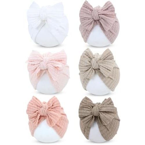 Cinaci 6 Pack Nursery Hospital Caps Bonnets Beanies Headwraps Turban Hats with Bow for Baby Girls Newborns Infants Toddlers