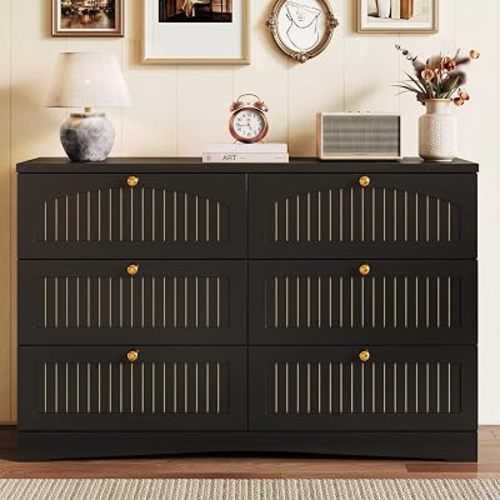 Fluted 6 Drawer Dresser, Wooden Chest of Drawers for Bedroom, Black