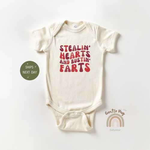 Stealin Hearts And Bustin Farts Baby Onesie®, Retro Valentine Baby Bodysuit, Funny Valentine Gift For Baby, First Valentine Outfit