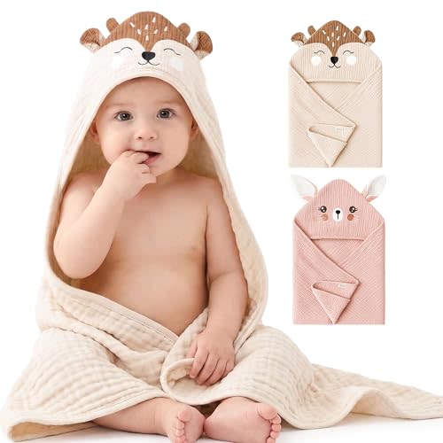 Konssy 2-Pack Muslin Baby Hooded Towels, 100% Cotton, Soft and Absorbent Baby Bath Towels for Newborn, Infant & Toddler with Animal Hooded Design(Bunny & Deer)
