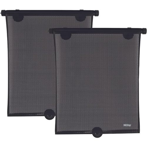 Nuby 14" Roller Vehicle Side Window Sun Protection Shade for Baby | 2 Pack | Pull Down with Suction Cups and Press Button Roll Up | Black
