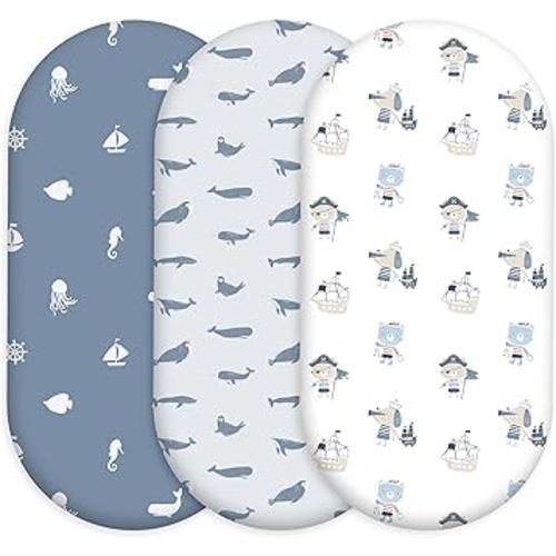 Bassinet Fitted Sheets, 3 Pack Baby Boy and Girl, Soft Breathable Stretchy Baby Pad/Mattress Sheet Set, Universal Fit for Hourglass Oval and Rectangle Bassinet Mattress（Blue Whale Ocean）