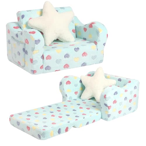 MOMCAYWEX Toddler Couch, 2-in-1 Kids Soft Couch Fold Out with Star Pillow, Foldable Sofa to Lounger, 1-Seat, Colorful Heart