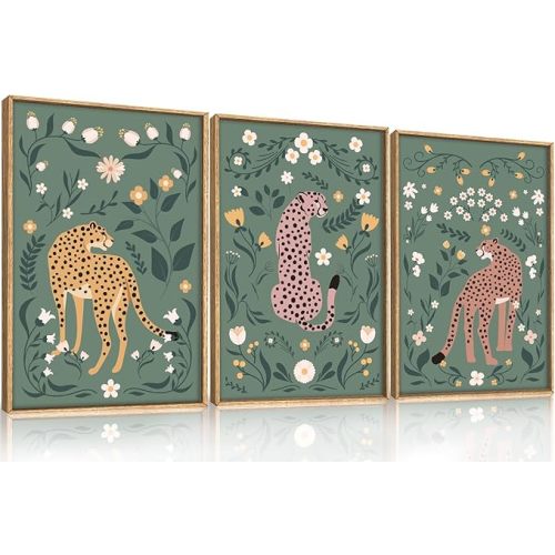 KAIRNE Boho Cheetah Wall Art Set of 3, Floral Leopard with Green Botanical Background, Mid Century Modern Animal Prints for Bedroom, Living Room, Office Decor, Aesthetic Framed Wall Decor, 16x24 Inch