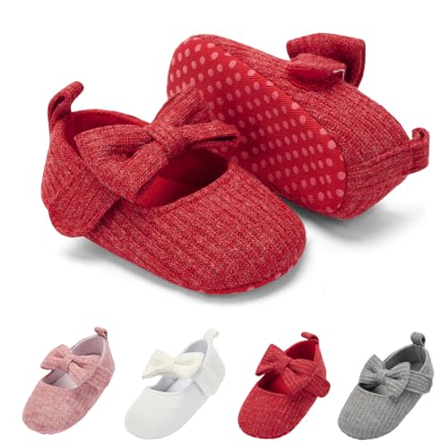 BACSAC Baby Girls Mary Jane Flats with Bow Soft Sole Non-Slip Crib Shoes Infant Toddler First Walkers Princess Dress Shoes