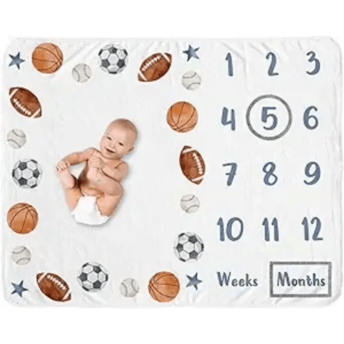 Sweet Jojo Designs Sports Theme Boy Baby Milestone Blanket Newborn Monthly First Year Photo Growth Chart Infant Memory Gift Set Watercolor Vintage Soccer Balls Football Baseball Basketball Blue Stars