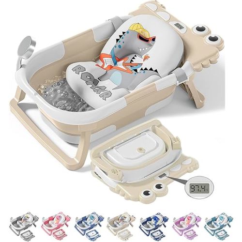 TPN Collapsible Baby Bathtub, Baby Bath Tub with Soft Cushion & Real-Time Thermometer, Baby Bathtub Infant to Toddler Tub (0-36 Months), Portable Newborn Travel Bath tub