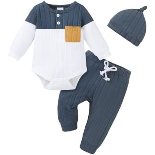 Renotemy Preemie Newborn Baby Boy Clothes Ribbed Knitted Long Sleeve Rompers Fall Winter Outfits Pants Sets Gifts for Boys