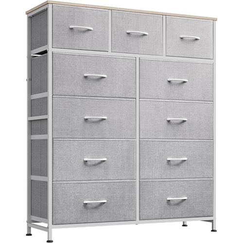 WLIVE Tall Dresser for Bedroom, Fabric Dressers Storage Tower, Dresser & Chest of Drawers Organizer Unit with 11 Drawers, Storage Cabinet, Hallway, Closets, Steel Frame, Wood Top, Light Grey