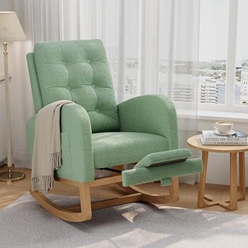 GarveeHome Nursery Rocking Chair with Adjustable Footrest, Teddy Fleece Upholstery, Sturdy Wooden Legs & High Backrest, Comfortable Glider Rocking Chair for Living Room or Bedroom, Light Green