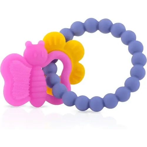 Nuby Chewy Charms Silicone Teether with Butterfly/Flower or Coral Unicorn, 1 Count (Pack of 1)