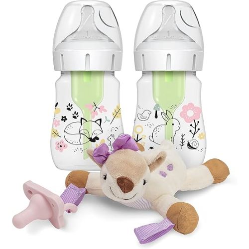Dr. Brown’s Natural Flow® Anti-Colic Options+™ Wide-Neck Baby Bottle, Woodland Design, 5 oz/150 mL, Level 1 Nipple, 2-Pack, 0m+ with Lovey Pacifier Holder with Silicone HappyPaci, Deer, 0-12m