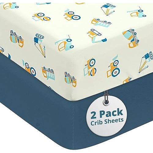Crib Sheets for Boys - Super Soft & Breathable Toddler Sheets, Portable Crib Fitted Sheet for Boys, 4 Way Stretch Knitted Fitted Crib Sheet, Baby Bedding, 2 Pack - Car & Estate Blue