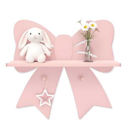 Bow Shaped Floating Shelf with Hooks, Pink Wooden Wall Decor for Girls Room | Wooden bow shelf for trinkets, jewelry, hair bows and accessories; pink wall organizer for girls bedroom and vanity decor