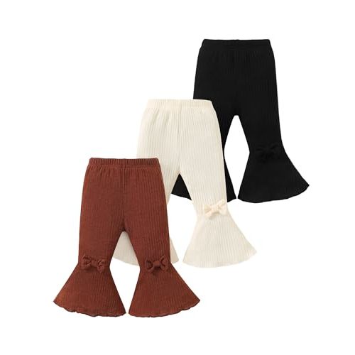 Mioglrie Baby Girl Pants Toddler Leggings 3 Pack Flare Newborn Baby Pants 3 6 9 12 18 24 Months Bell Bottoms for Girls