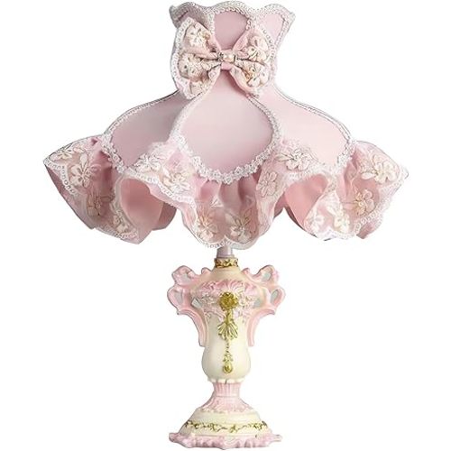 Lámpara de mesa de princesa rosa, lámpara de mesa de noche tallada de resina vintage europea con pantalla de tela, lámpara romántica para dormitorio, guardería, sala de estar, decoración de boda