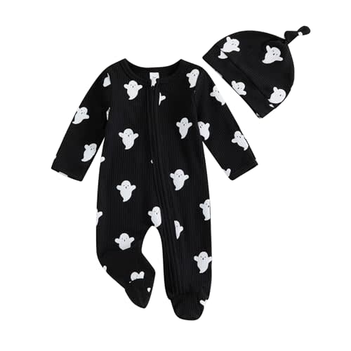 My First Halloween Baby Girl Boy Outfit Ghost Print Long Sleeve Zipper Footie Romper Cute One Piece Knit Jumpsuit