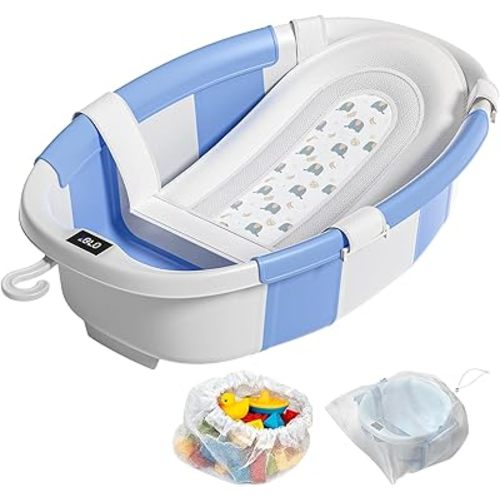 Collapsible Baby Bathtub with Soft Cushion and Thermometer, Newborn to Toddler Tub 0-36 Months with Toy Storage Mesh Bag, Portable Travel Bath for Infants (Blue)