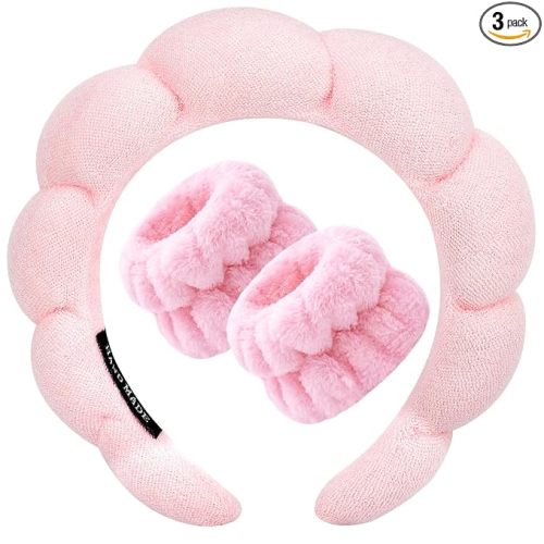 Zkptops Spa Headband for Washing Face Wristband Sponge Makeup Skincare Headband Terry Cloth Bubble Soft Get Ready Hairband for Women Girl Puffy Padded Headwear Non Slip Thick Hair Accessory(Pink)