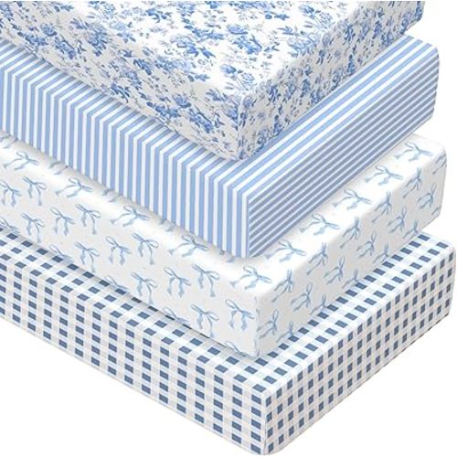 Peryiter 4 Pack Crib Sheets Girl Soft Baby Bed Sheet Set 52'' x 28" Nursery Crib Sheets for Standard Bed for Nursery Decor Baby Boys or Girls(Pink,Coquette Bow)