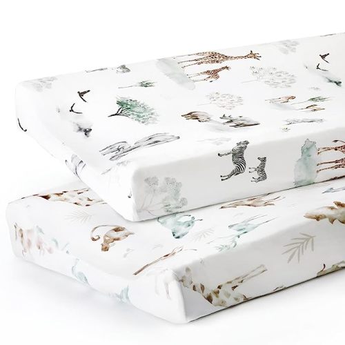 GRSSDER Stretch Ultra Soft Jersey Knit Changing Pad Cover Set 2 Pack, Change Table Pad Covers Fit 32"/34" x 16" Pads Safe and Snug, Stylish Pattern for Boys and Girls, African Savannah Animals