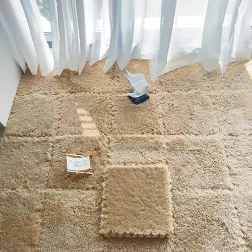 12 Pcs Plush Interlocking Carpet Tiles, Soft Fluffy Interlocking Square Foam Area Rugs Protective Floor Carpet Play Mat for Living Room & Bedroom Playroom (Khaki)