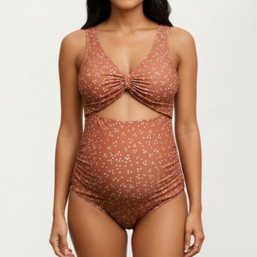 Anna-Kaci Swim Women's Polka Dot Print Cutout Maternity Swimsuit with Knot Front Detail - Small, Brown